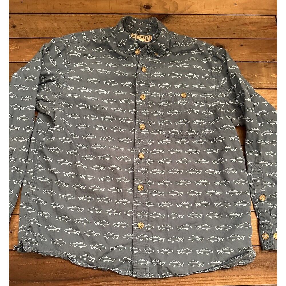 Duluth Trading Shirt Mens Medium Blue LS Relaxed Fit All Over Fish Print AOP